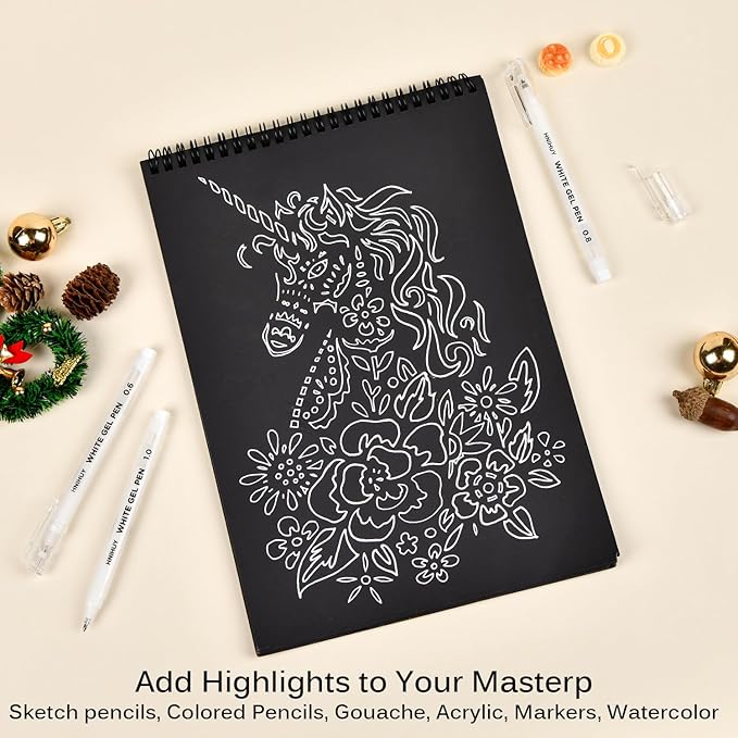 HNIHUY 0.6/0.8/1.0mm Fine Point White Gel Pens, 3 Pack for Artists Drawing, Sketching, Illustration, Adult Coloring Books. Opaque White Ink for Black Paper, Bullet Journaling, Card Making