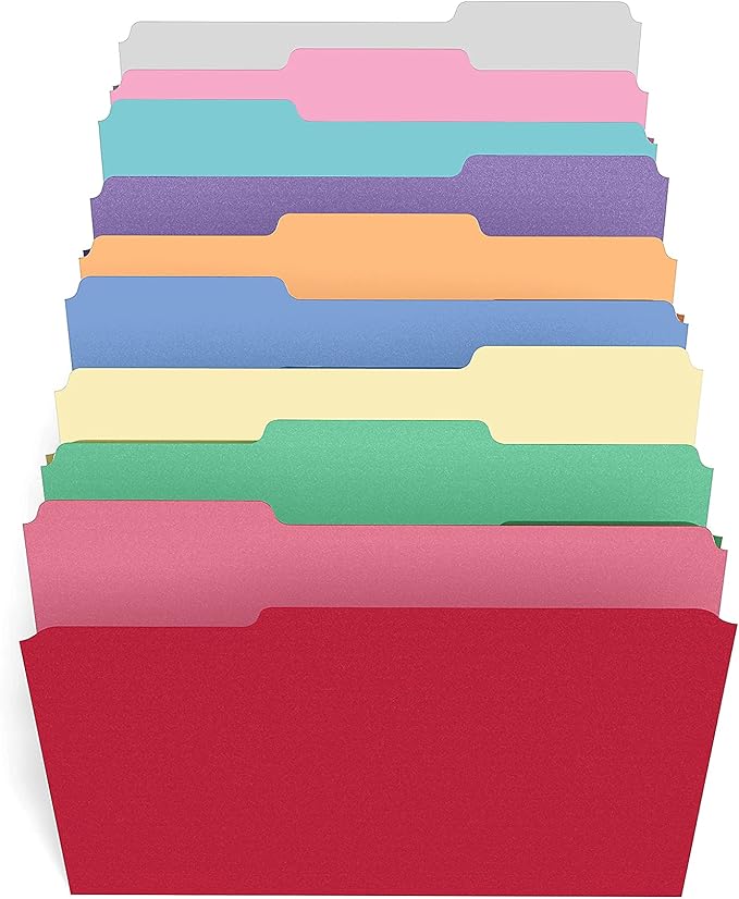 Staples File Folders, Letter Size, 1/3‑Cut Tabs, Assorted Colors, Durable 10.5‑Point Paper Stock, 100/Pack