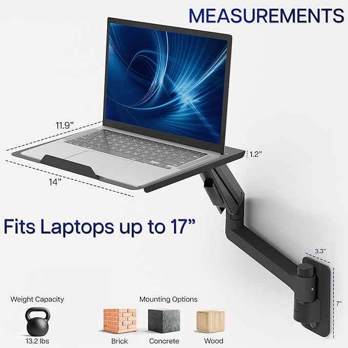 VIVO Sit-Stand 14 Inch Pneumatic Laptop Tray Wall Mount, Articulating Height Adjustable Typing Platform, Floating Workstation, Ergonomic Tilt, Black, MOUNT-KB35L