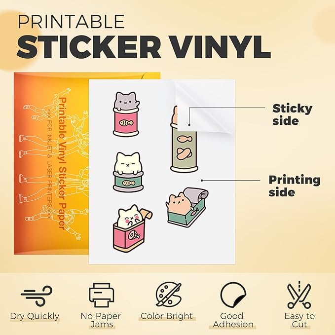 HTVRONT Printable Vinyl Sticker Paper, 100 Sheets Matte Waterproof Sticker Paper For Inkjet Printer Dries Quickly-Standard Letter Size 8.5"X11"