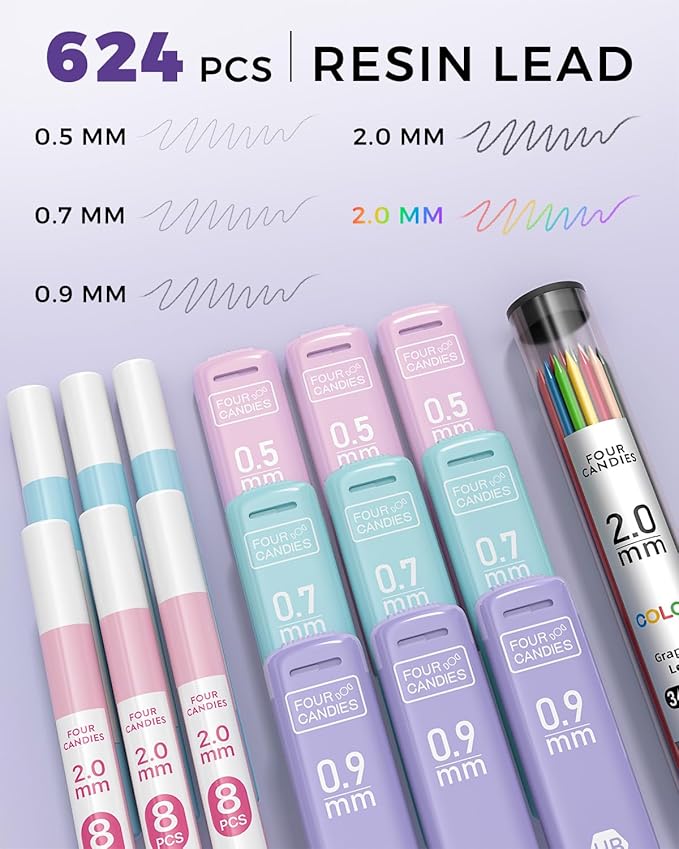 Four Candies 36PCS Aesthetic School Supplies, Mechanical Pencil Set 0.5mm, 0.7mm, 0.9mm & 2.0mm with 624 Lead Refills, Back to School Supplies for Writing & Drawing, Ideal Stationary Set Gift (Blue)