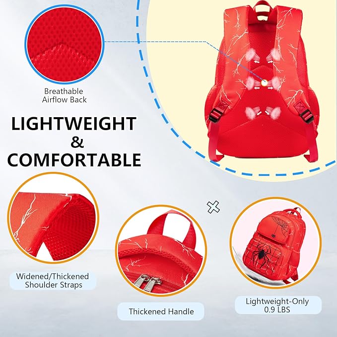 Kids Backpack Boys Spider Backpack with Lunch Box Kindergarten Elementary Middle School Toddler Bookbag for Boys Ages 4-14, Spider-Red