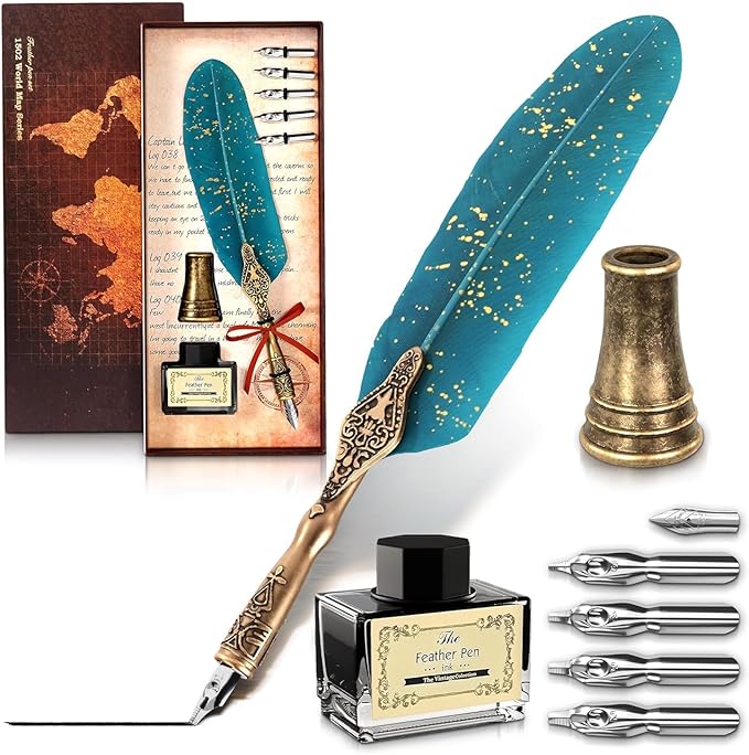 Turquoise Feather Quill Pen and Ink Set – Stainless Steel Dip Pen with 5 Nibs, Non-Slip Grip, Stand & Gift Box – Vintage Quill and Ink Set for Signing, Writing Calligraphy Kit, Elegant Writer Gift
