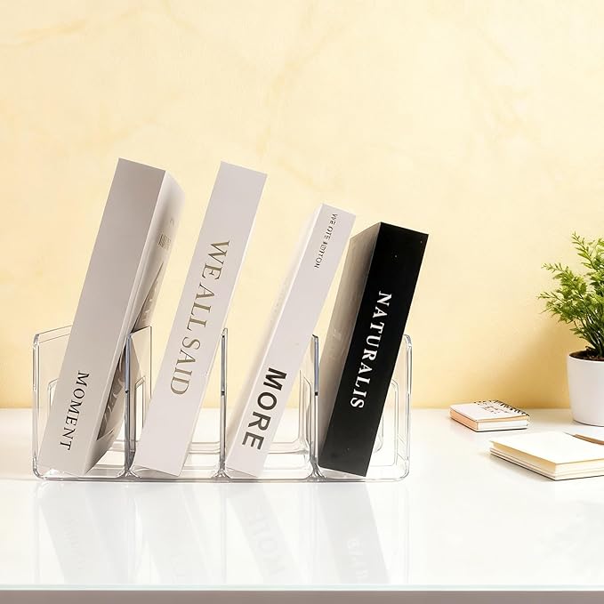 4 Pack Acrylic File Sorter, 4-Section Clear Desktop File Folder Holder Organizer, Thick Office Storage Stand Rack for Book, Envelopes, Mail, Document, Notebook, Binder, Purse, Clutch Divider