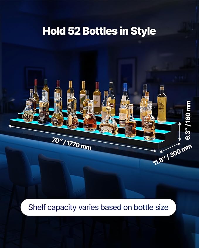 VEVOR LED Lighted Liquor Bottle Display, 3 Tier 70 Inch, Illuminated Home Bar Shelf with RF Remote & App Control, 7 Static Colors, Acrylic Lighted Whiskey Shelf for 52 Bottles, Powered by Adapter Only