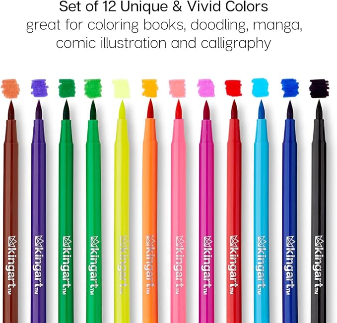 KINGART 'Watercolor-Effect' Brush Markers, 12 Colors - Brightly Colored Markers, Journaling, Lettering, Kids and Adult Coloring Books, and More, Convenient Carrying Case