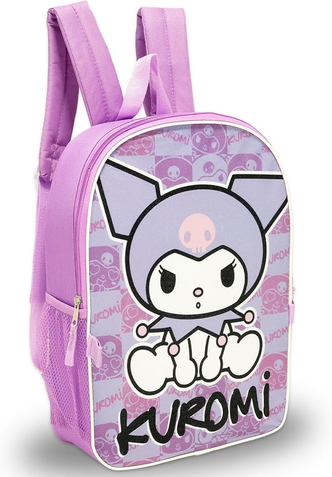 Kuromi Backpack and Lunch Bag Set - Bundle with 16” Sanrio School Backpack, Lunch Box, Water Bottle, Tattoos, More | Kuromi School Bag for Girls, Kids