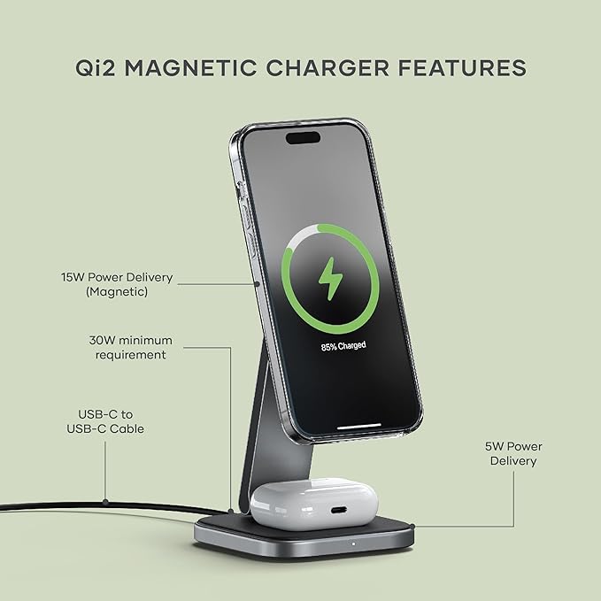Satechi 2 in 1 Wireless Charger, Qi2 15W Dual Wireless Charger Stand, Magnetic, Foldable Travel Charger Station for iPhone 17 to 12 Series, and AirPods Pro 4/3/2