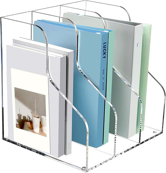 SANRUI 3 Slots Acrylic Magazine Holder, Desktop File Sorter Organizer Rack Bookshelf, Workspace Sorters Office Desk Accessories Organization Storage Stand, Clear