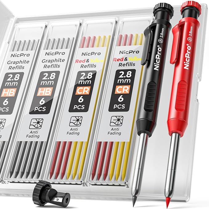 Nicpro Carpenter Pencil with Sharpener, Mechanical Pencils Set with 26 Refills, Deep Hole Marker for Construction, Heavy Duty Woodworking Tools for Architect (Black, Red) - With Case