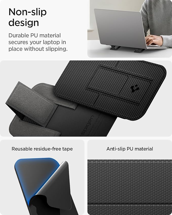 Spigen Slim Fold Adhesive Laptop Stand 2 Piece Foldable Portable Dual Ergonomic Angle Adjustment Lift Anti-Slip Compatible with MacBook Pro, MacBook Air 11"-16" and More - Black (LD201-S2)