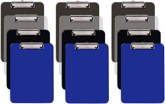 Better Office Products Assorted Colors Plastic Clipboards, 12 Pack, Durable, 12.5 x 9 Inch, Low Profile Clip, (3 Each of Black, Blue, Gray, Clear), Set of 12