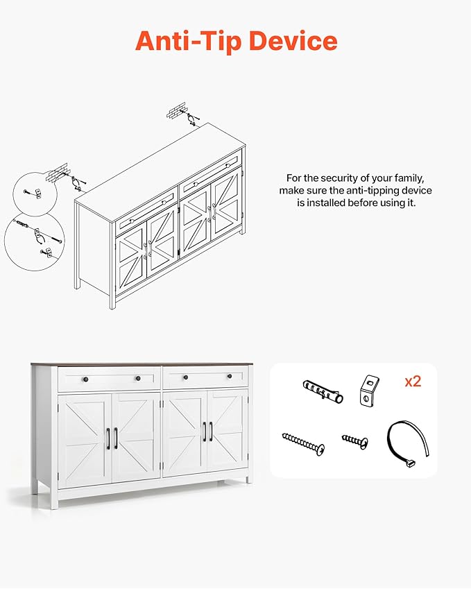 VEVOR Buffet Cabinet, Farmhouse Sideboard Cabinet with Drawer, Coffee Bar Cabinet with 4 Barn Door, Sideboard Buffet Station for Living Room, Entryway, Kitchen, 55.1 x 15.5 x 31.5 in, White