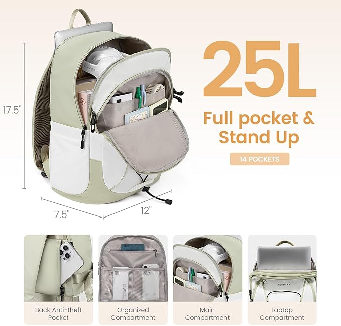 LOVEVOOK Mens Backpack with Giant Tumbler Holder Pocket,15.6 Inch Everyday Laptop Backpack Commuter Travel Work Computer Bag for Women,Casual Hiking College Teacher Back Pack Daypack,White-Bean Green