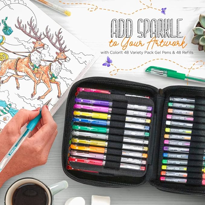 ColorIt Gel Pens for Adult Coloring – 96 Pack with 48 Premium Gel Pens & 48 Refills with 1 Travel Case - Vibrant Colors for Journaling, Writing, Coloring Books for Adults, and Creative Projects