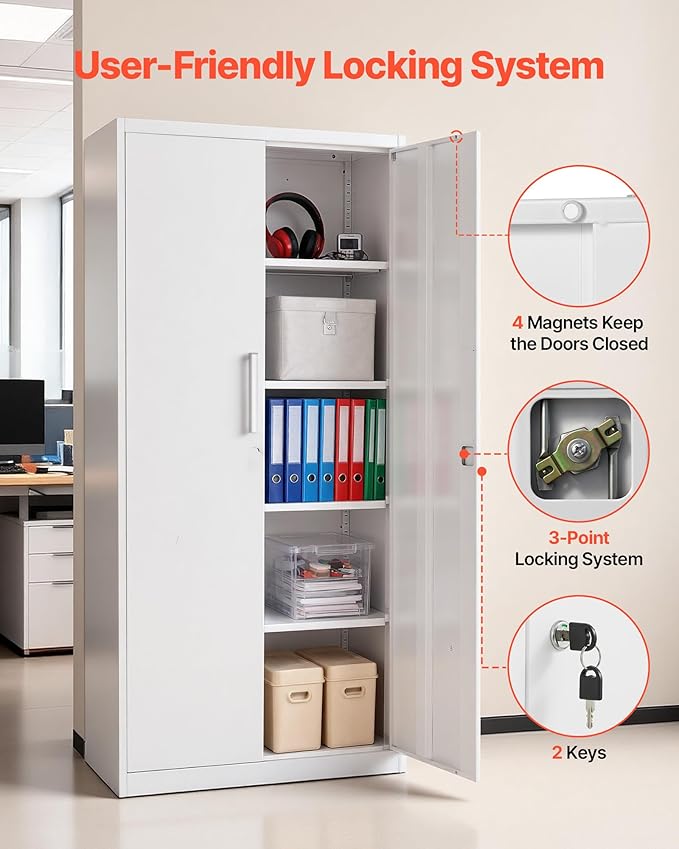 VEVOR Metal Storage Cabinet, Lockable Steel Garage Cabinet with Adjustable Shelves, 2 Magnetic Doors, 2 Keys, 5-Tiers Tool Storage Locker for Home,Office,School,Pantry,Warehouse,Basement,Laundry,White