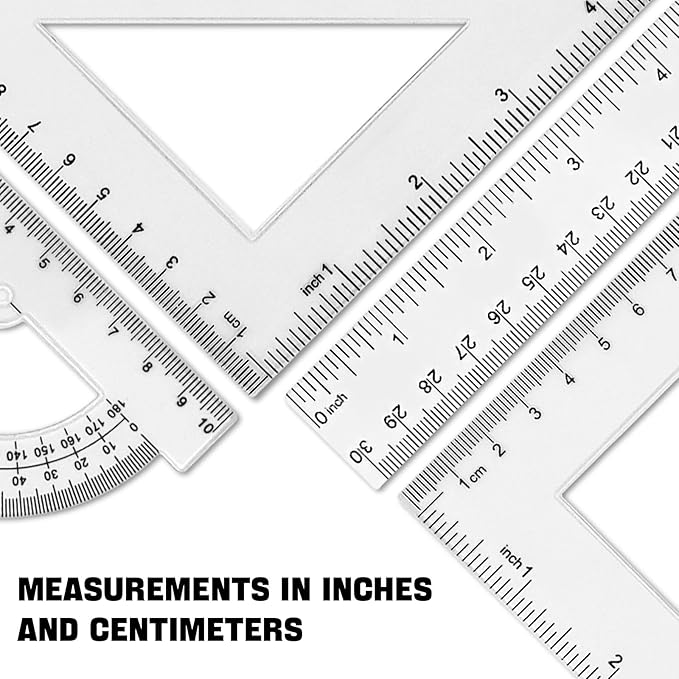 Clear Math Geometry Tool Set,12 Inch Ruler 4 PCS for Measuring and Drafting, Transparent Plastic Straight Ruler, Triangle Rulers, Protractor for Student School Office Supplies, Imperial Metric