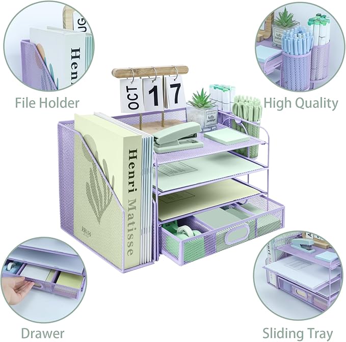 4 Tier Desk File Organiser with Extra Vertical File Sorter, Paper Letter Tray with Top Stationery Drawer Holder, A4 Paper Desktop Filing Trays, Magazine Document Holder for Home Office, Purple