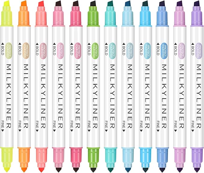 12 Colors Dual-Tip Highlighter Marker Set, Broad and Fine Point Tips, No Bleed, Ideal for Bible Highlighting, Journaling, School and Office Supplies, Assorted Ink Colors