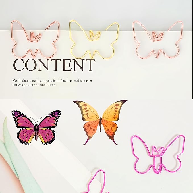 Cute Paper Clips, Butterfly Paperclips, Smooth Metal Paper Clips for File Organization or Decoration - Perfect for Home, Office, School.（80 Pcs/Box, Pink, Gold, Rose Gold