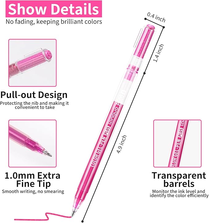 Glitter Gel Pens, 6 Pack Glitter Pens For Adults Coloring Books, 1.0mm Point Colored Pens, Large Capacity Ink Pens for Coloring, Writing, Drawing, Journaling, Note Taking, Office, Home