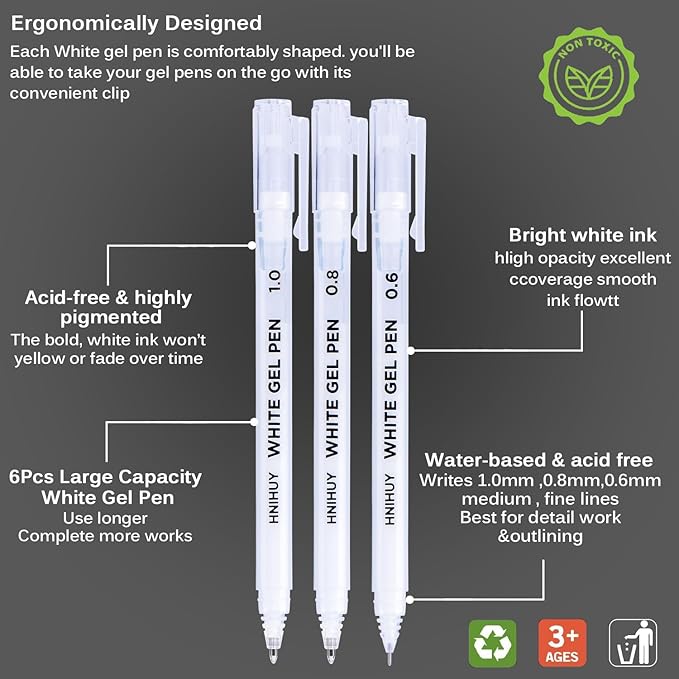 HNIHUY 0.6/0.8/1.0mm Fine Point White Gel Pens, 3 Pack for Artists Drawing, Sketching, Illustration, Adult Coloring Books. Opaque White Ink for Black Paper, Bullet Journaling, Card Making