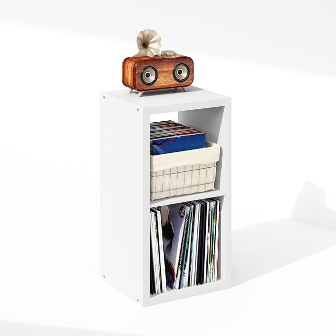 Furinno Cubicle Record Player Stand with Vinyl Storage, 2-Cube 1.2 Extra Thick Vinyl Record Storage, Open Back Media Shelf for CD DVD Blueray Game Disc, for Living Room, Home Office, White