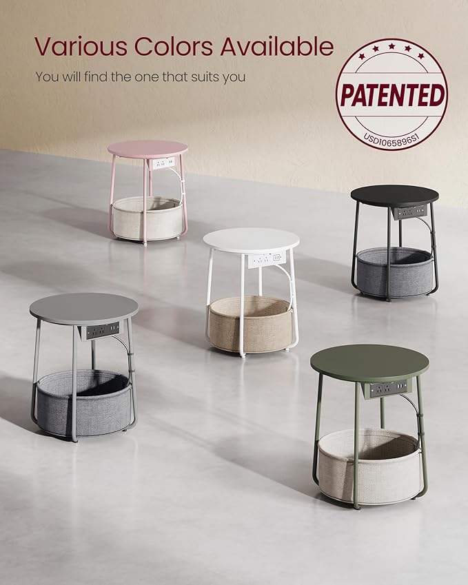 VASAGLE LILEA Collection - Side Table with Charging Station, Round End Table with Fabric Basket, Nightstand with USB Ports, for Living Room, Bedroom, Modern, Matte White and Camel Brown ULET228W01