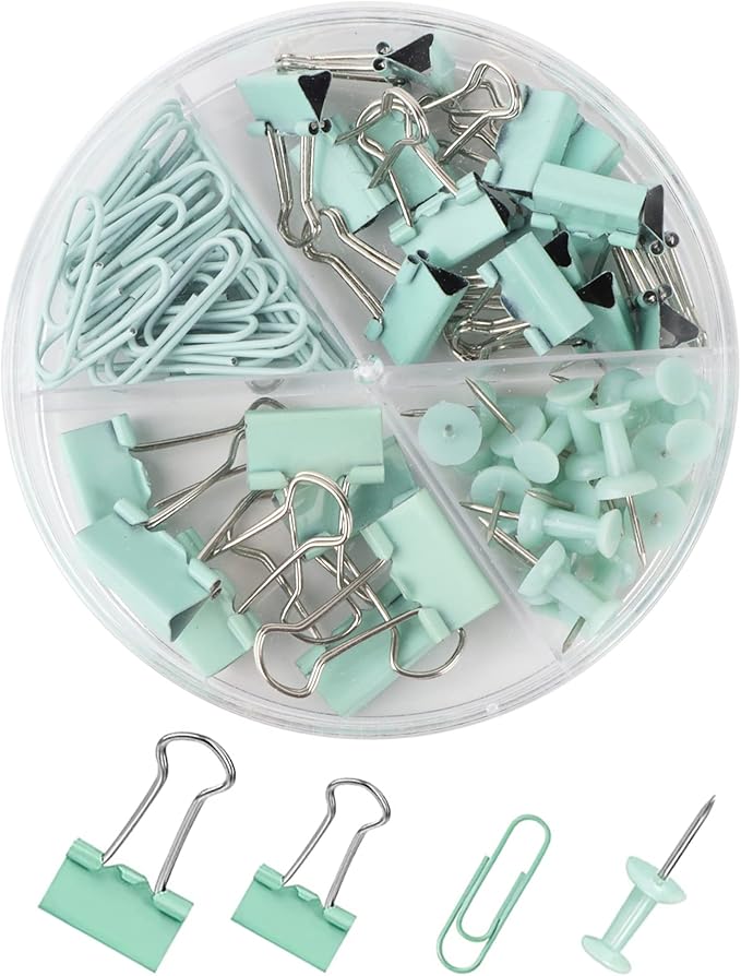 Paper Binder and Clips Set, Metal Assorted Sized Binders with Push Pins, Cute Office Supplies, Teacher Desk Must Haves, Cute Desk Accessories, Green, 1 Pack