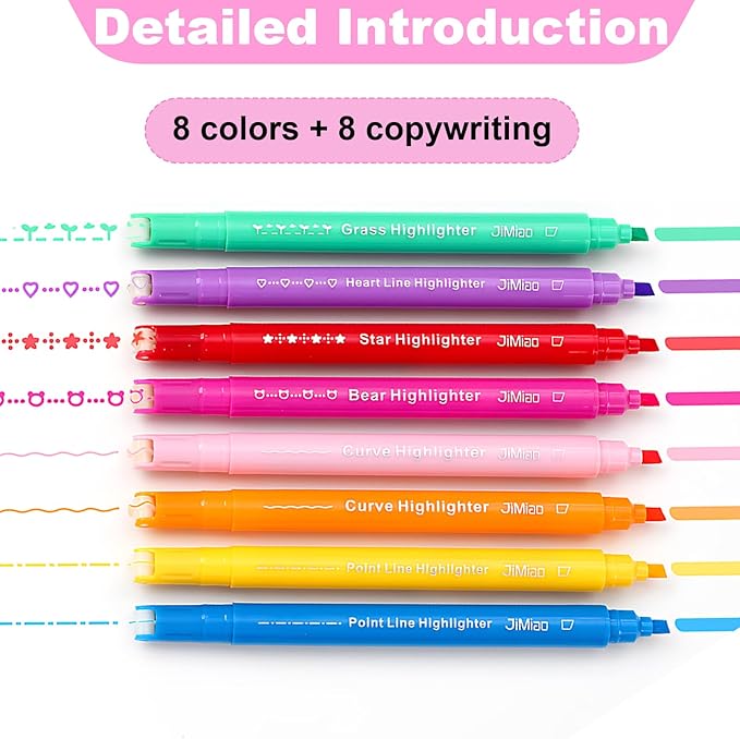 8PCS Curve Highlighter Pen Set, 8 Different Shapes Dual Tip Marker Highlighters for Note Taking Journaling Drawing, Colored Curve Pens Set for Planner Back to School Supplies