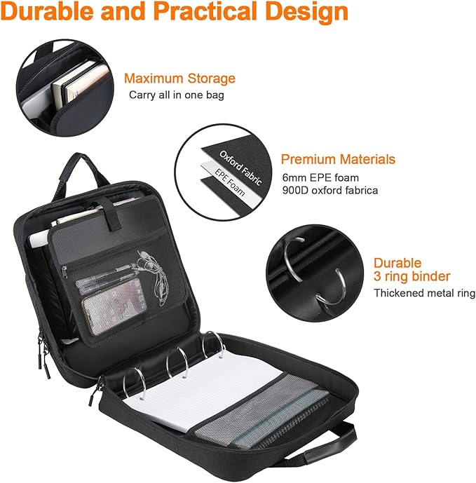 3 Ring Zipper Binder 2 Inch with Shoulder Strap 500 Sheet Capacity & Multi-Pockets for School and Office Binder Organizer, Compatible with 13-Inch MacBook/Tablet (Patent Design Black)