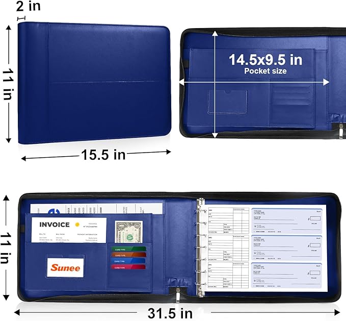 SUNEE Zippered Business Checkbook Binder 7 Ring 1 Inch with Zipper for Business Checks (9" x 13"), PU Leather Check Binder Holds 600 Checks Capacity for Executive Supplies, Blue