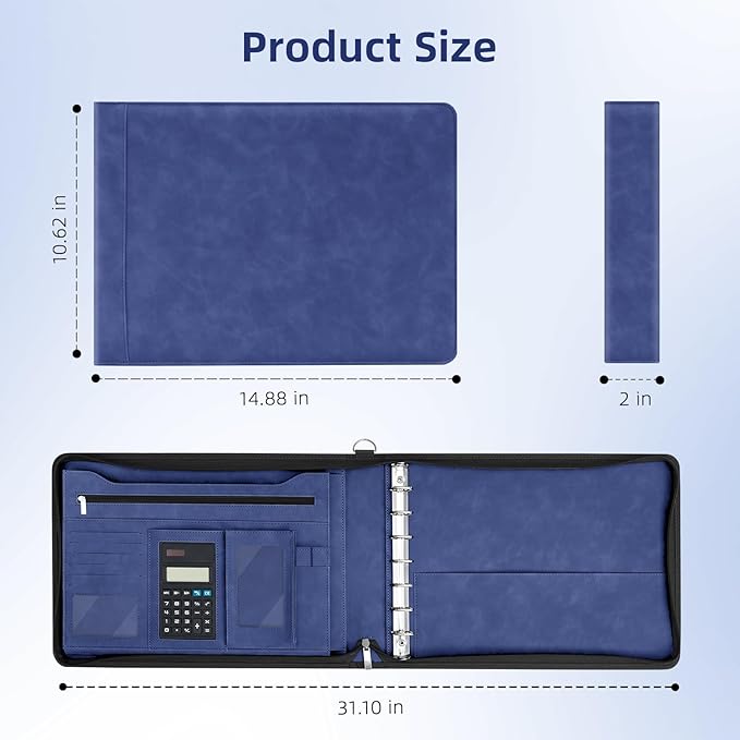 Ospelelf Blue Zippered 7 Ring Check Binder for Business Checks (9" x 13"), 1 Inch Faux Leather Checkbook Portfolio with Zipper Pouch, Professional Binder Organizer for Accountants, Home Use