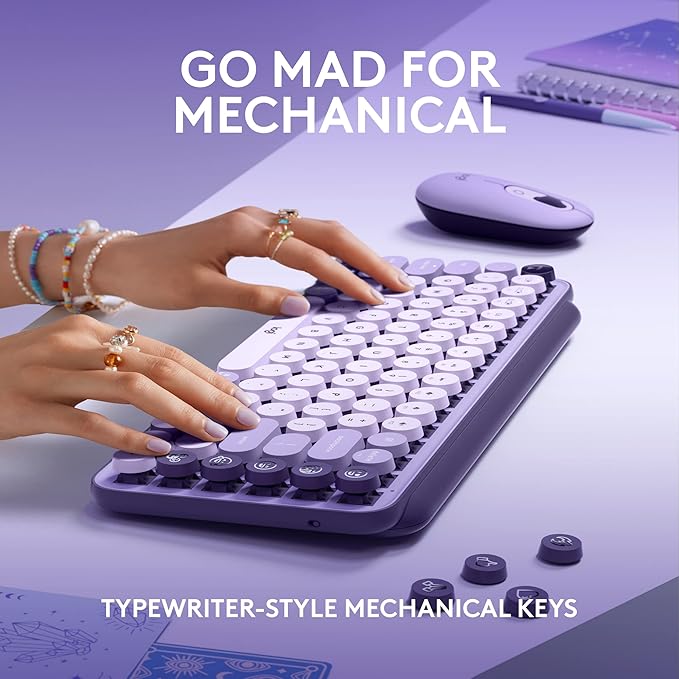 Logitech POP Keys Mechanical Wireless Keyboard with Customizable Emoji Keys, Durable Compact Design, Bluetooth or USB Connectivity, Multi-Device, OS Compatible - Cosmos