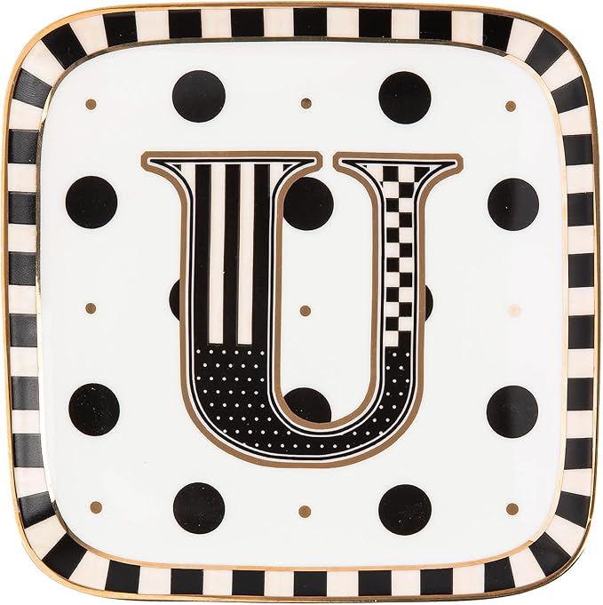 MACKENZIE-CHILDS Monogram Dish, Decorative Ceramic Letter Plate, 5 3/4" Square, U