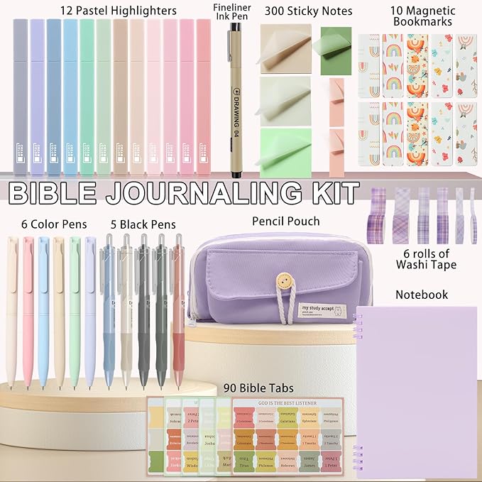 54Pcs Bible Study Supplies for Women, Bible Journaling Kit with Pencil Case, Notebook, No Bleed Highlighters and Pens, Laminated Tabs & More, Note Taking Supplies, Christian Gifts, Purple
