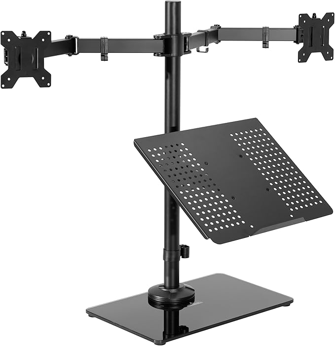VIVO Freestanding Dual Computer Monitor and Laptop Combo Desk Stand with Glass Base, Fits up to 32 inch Monitors and 17 inch Laptops, Black, STAND-V003FGL