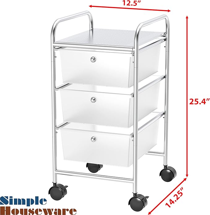 Simple Houseware Utility Cart with 3 Drawers Rolling Storage Art Craft Organizer, Chrome