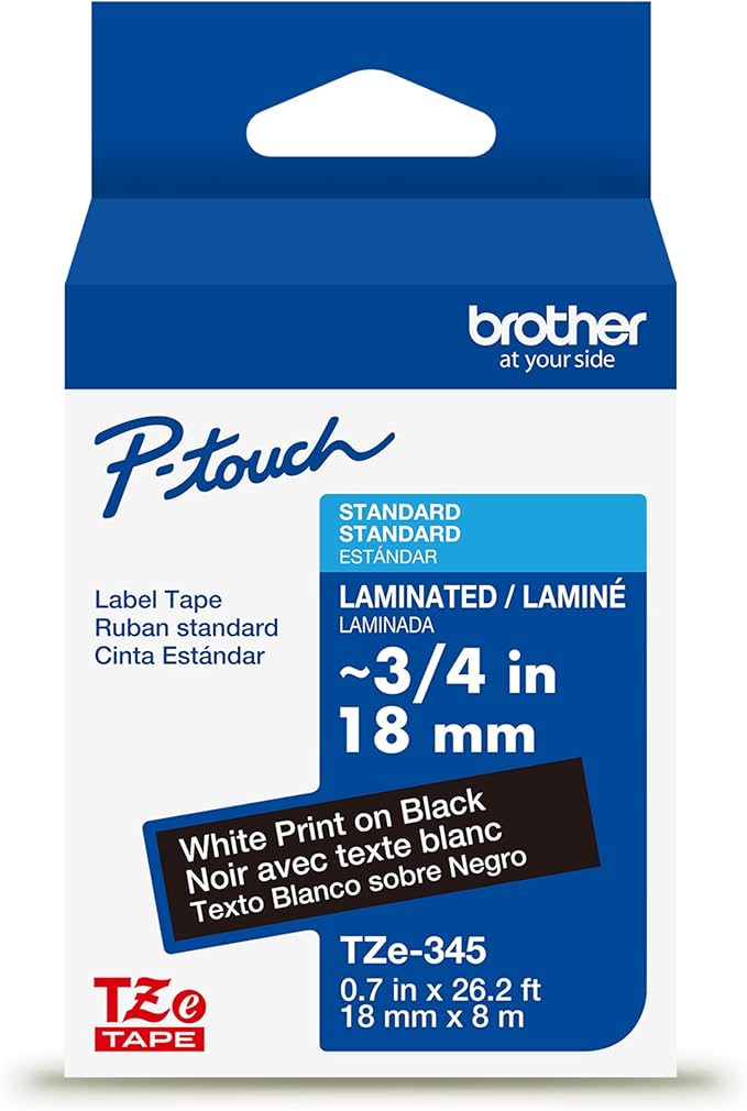 Brother Genuine P-Touch TZe White Print on Black Label Tape (TZe345), Laminated,3/4in x 26.2ft (18mm x 8m), for Select P-Touch Label Makers, Durable, Water-Resistant, Indoor/Outdoor Use