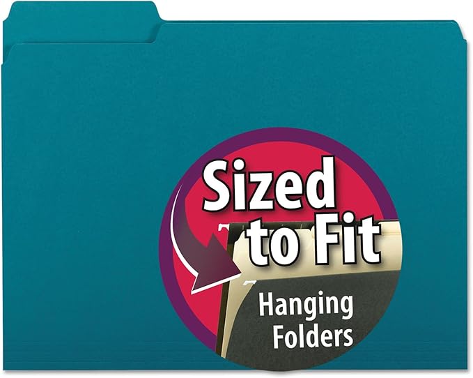 Smead Interior File Folder, 1/3-Cut Tab, Letter Size, Teal, 100 per Box, Expandable File Folders for Filing Cabinet