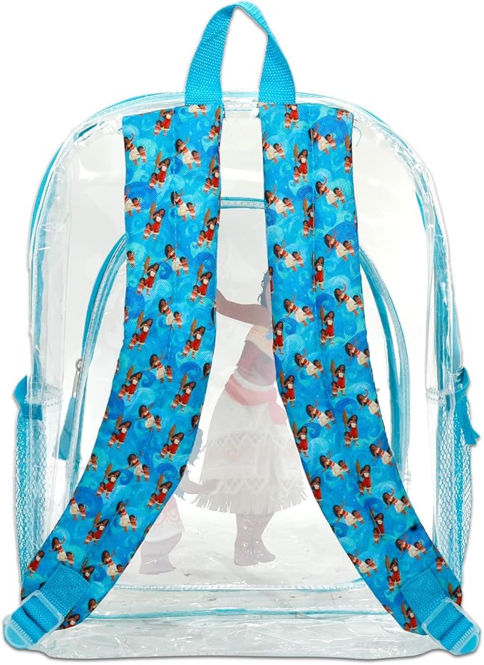 Disney Moana Clear Backpack with Lunch Box - Bundle with 16" Backpack for Girls, Lunch Bag, Water Bottle, Stickers, More | Transparent Moana School Bag for Kids School Supplies