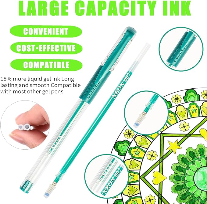 Green Gel Pens,72 Color Gel Pens Set including 24 Color Gel Pen with 48 Refills,40% More Ink Colored Gel Pens for Adult Drawing, Doodling, Scrapbook, Journaling