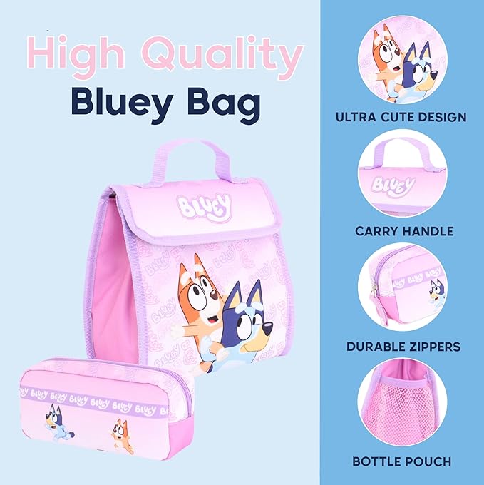 Bluey Backpack Set for Girls – 3 Piece Childrens and Toddlers Kids School Bag with Lunch Box and Pencil Case