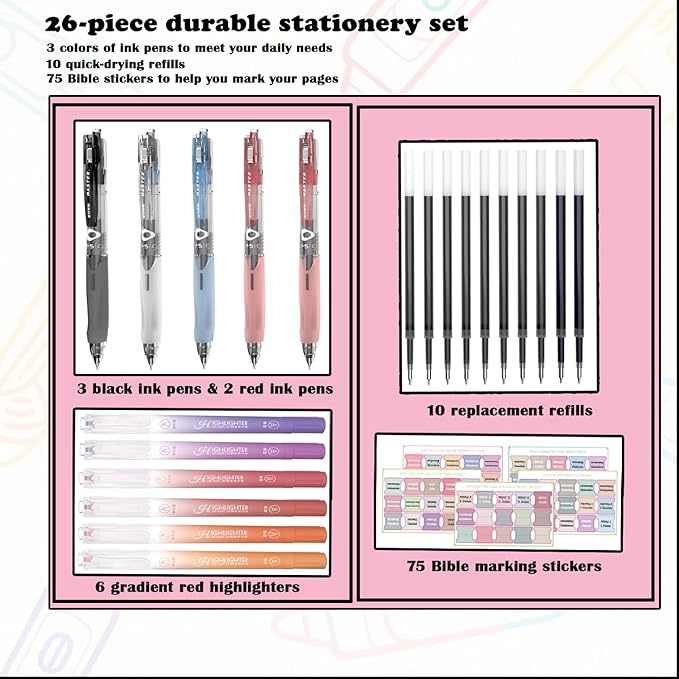 CHANGLi Bible Study Gel Pen Set with Highlighters-3 Black 2 Red Gel Pens, 6 Dual-Tip Pastel Highlighters, 75 Bible Index Tabs&10 Refills-No Bleed, Smooth Writing-Perfect Christian Gift for Journaling