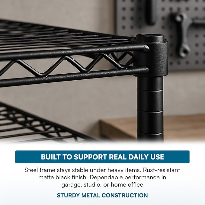 Honey-Can-Do 3-Tier Media Shelf Organizer with Adjustable Shelves, Black Steel Wire Shelving, Storage Rack with Smooth Rolling Locking Casters