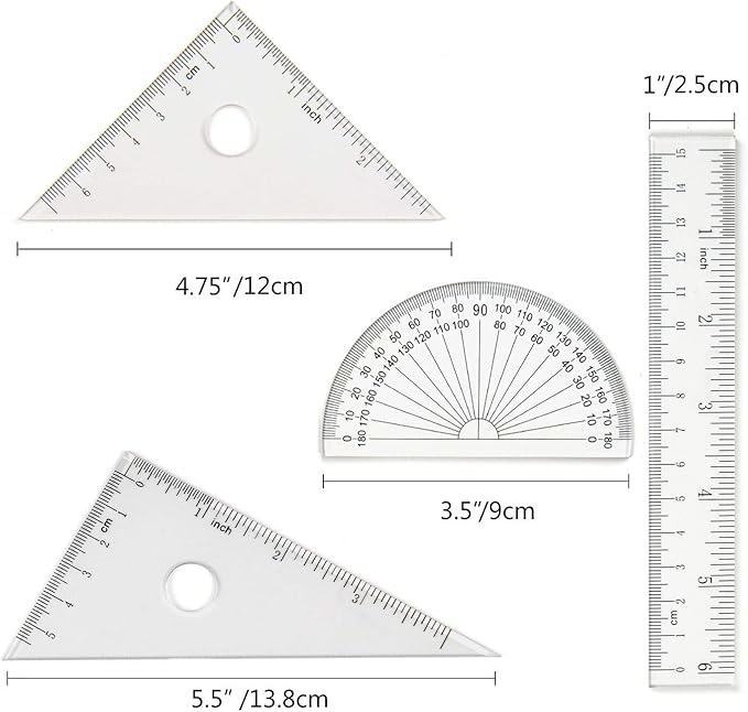 Coopay 4 Pieces Math Geometry Tool Set Includes Plastic Clear Ruler, Protractor, Triangle for School Office Home Supplies (6 inch)