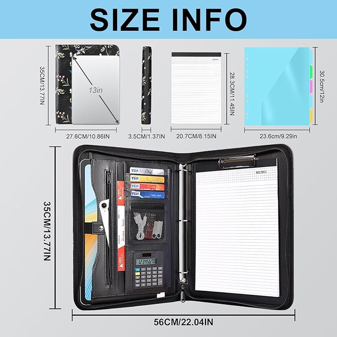 Eshow Portfolio Organizer - 3 Ring Binder with Zipper, Vegan Leather Business Padfolio Folder with Notepad Includes 5 Color Sheet Protectors for Documents Files for Men Women