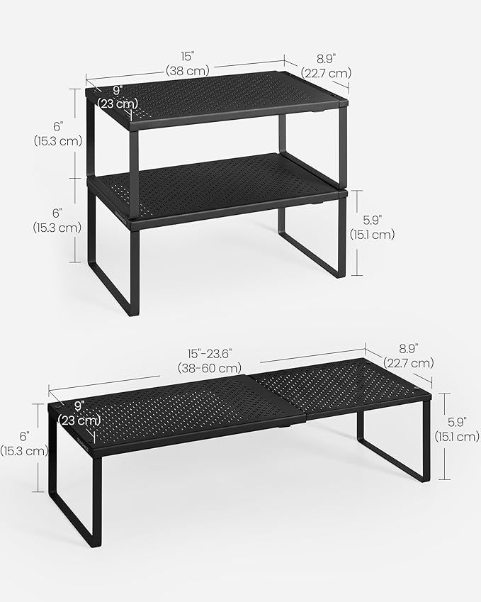 SONGMICS Set of 2 Expandable Pantry Kitchen Organizers, Adjustable Spice Rack, Stackable Cabinet Organizers, Metal, Space-Saving Tabletop Shelves, Matte Black UKCS402B01 (Pack of 2)