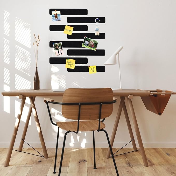 8Pcs Rectangle Felt Cork Board Bar Strips with 35 Pushpins, Self-Adhesive Bulletin Board Strips for Office School Home Wall Decor Stickers Memos Schedules Photos Display -Black