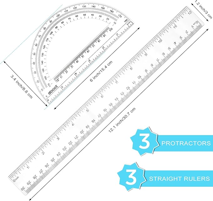 Zonon 6 Packs 12 Inch Plastic Ruler and 6 Inch Plastic Protractor Set Clear Math Geometry Protractors Set Transparent Supplies Rulers for Operation Christmas Box Gift Home Office Drawing